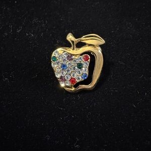 Gold Tone Apple Brooch with Multicolor Crystals